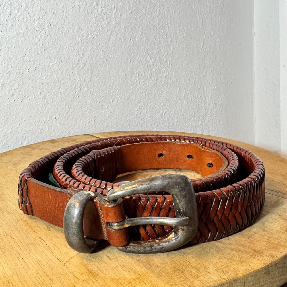 Cole Haan Brown Braided Belt Mens Size 43” Genuine Leather Fishtail Brass